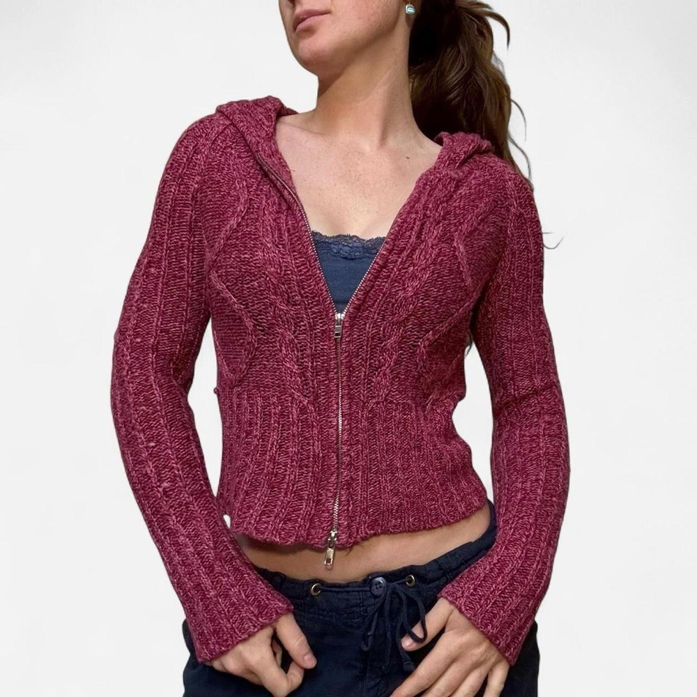 y2k pink cable knit double zip knit hoodie